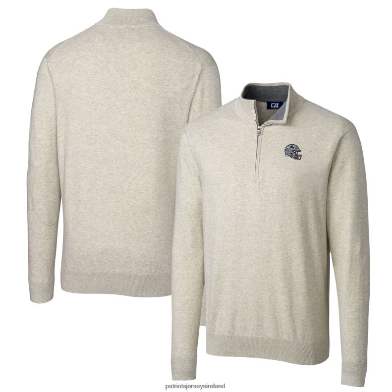 Patriots Jersey Men Cutter & Buck Oatmeal Helmet Lakemont Tri-Blend Quarter-Zip Pullover Sweater 8226D559 Clothing