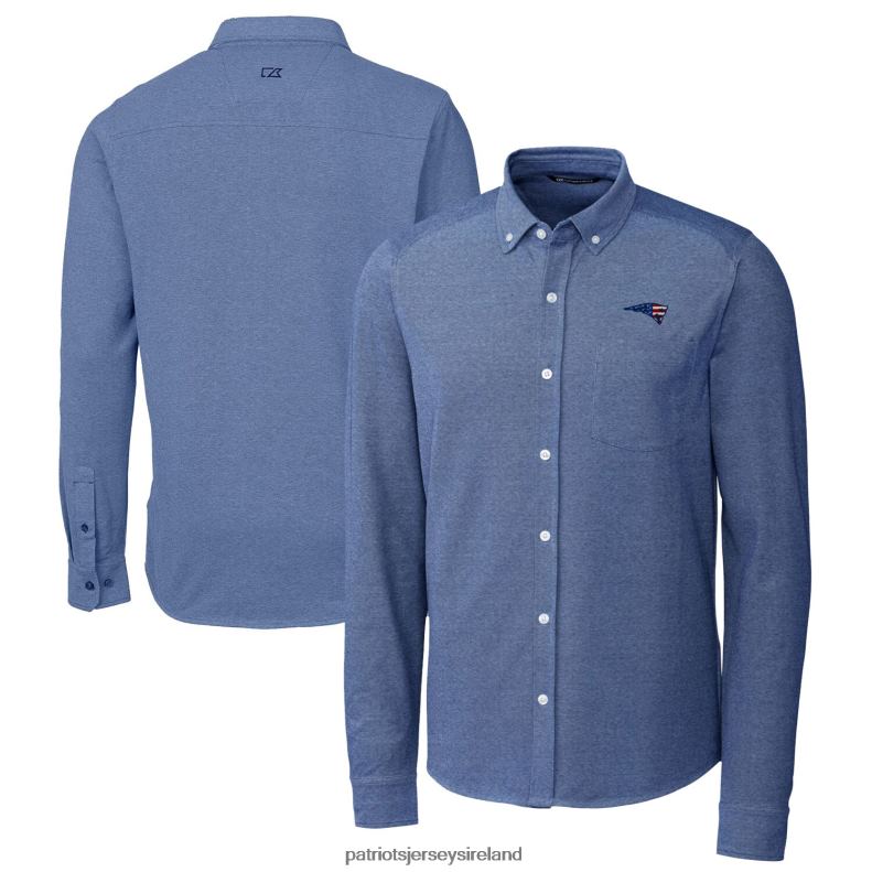 Patriots Jersey Men Cutter & Buck Blue Advantage Tri-Blend Pique Long Sleeve Button-Down Shirt 8226D1668 Clothing