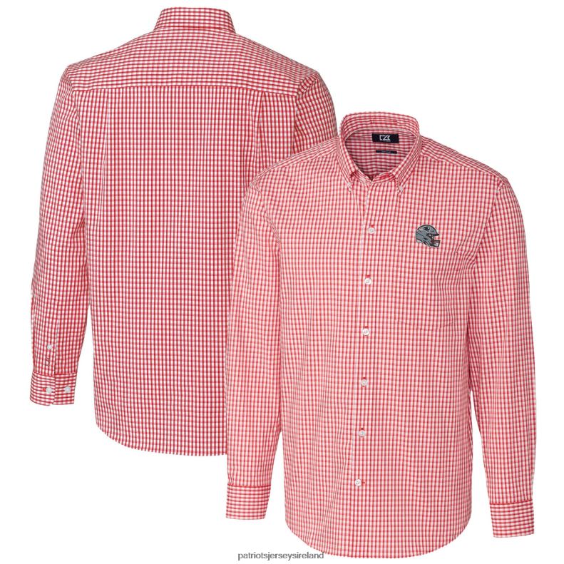 Patriots Jersey Men Cutter & Buck Red Helmet Easy Care Stretch Gingham Long Sleeve Button-Down Shirt 8226D1635 Clothing