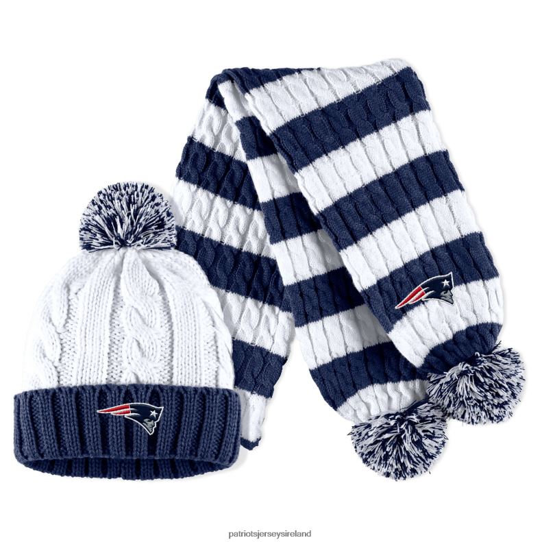 Patriots Jersey Women WEAR by Erin Andrews Navy/White Cable Stripe Cuffed Knit Hat with Pom and Scarf Set 8226D2285 Accessories