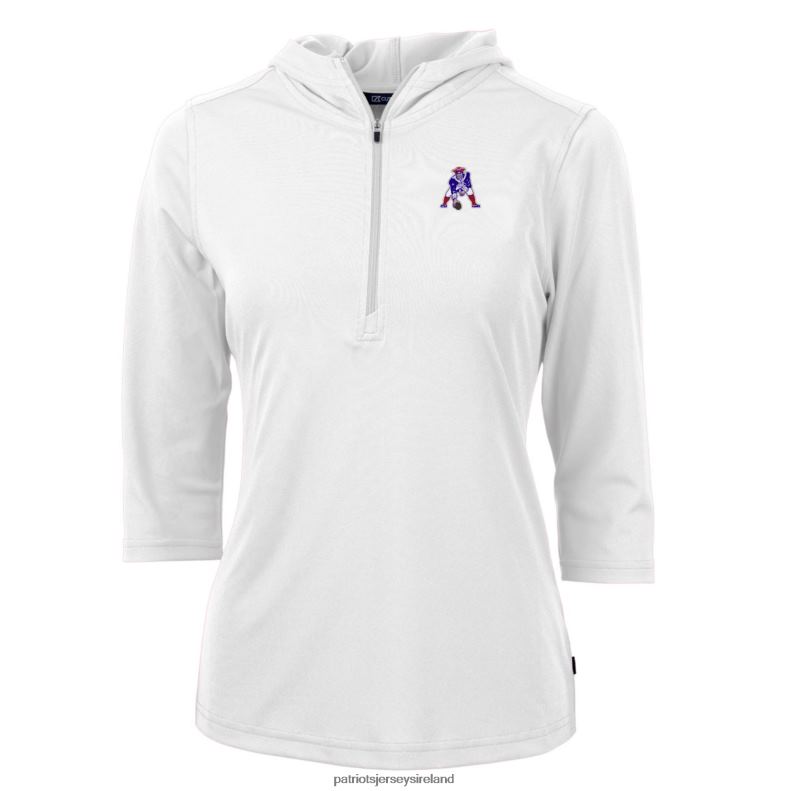 Patriots Jersey Women Cutter & Buck White Throwback Logo Virtue Eco Pique 3/4 Sleeve Half-Zip Pullover Hoodie 8226D1082 Clothing