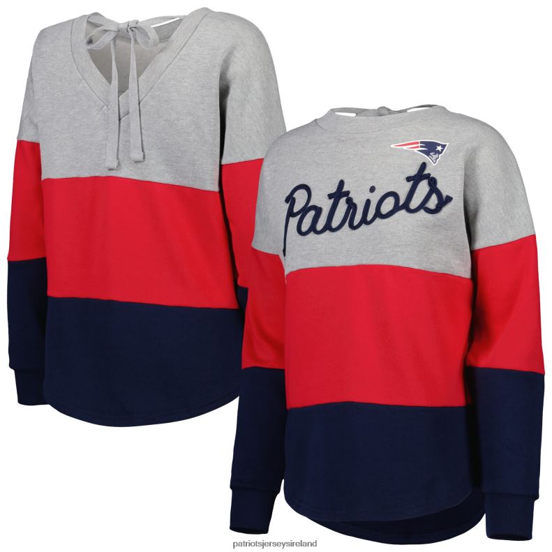 Patriots Jersey Women Touch Heather Gray/Navy Outfield Deep V-Back Waist Length Pullover Sweatshirt 8226D2353 Clothing