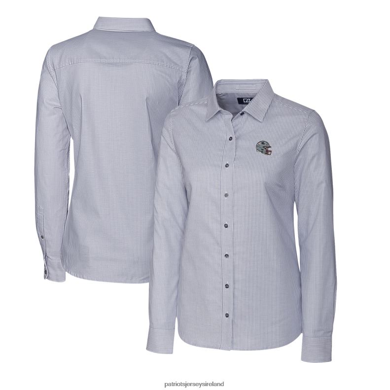 Patriots Jersey Women Cutter & Buck Charcoal Helmet Logo Stretch Oxford Stripe Long Sleeve Button-Up Shirt 8226D2808 Clothing